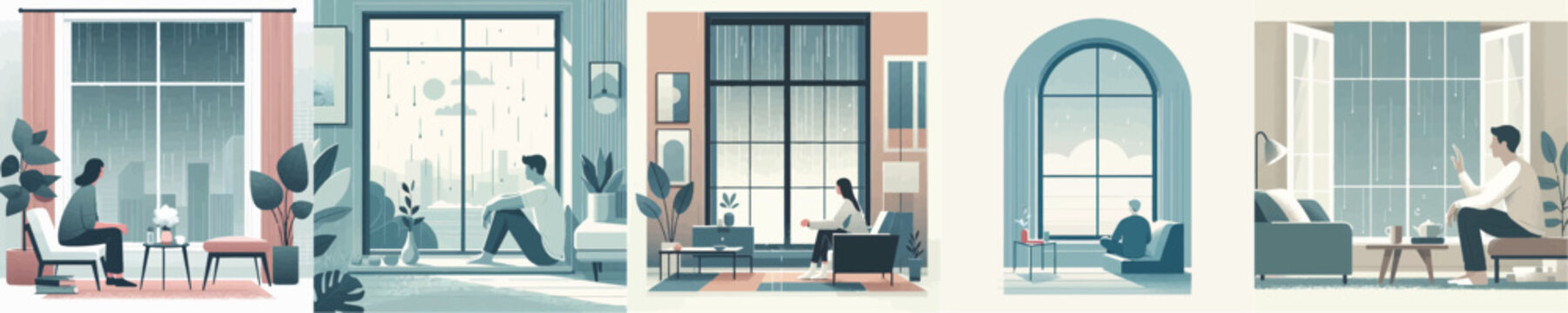 Vector of a person watching rain through a window
