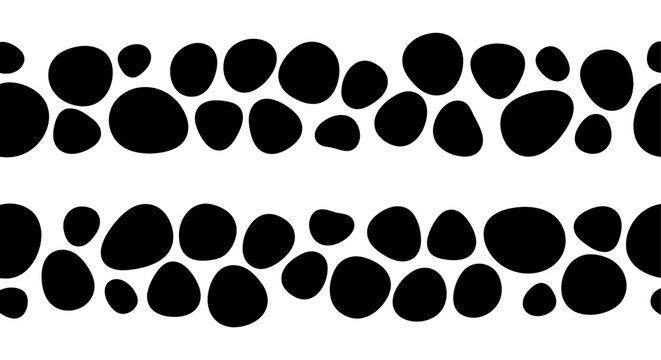 Seamless black and white pebble stone pattern border with organic hand drawn shapes.