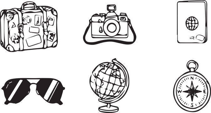 Travel and tourism doodle icon collection featuring vintage suitcase camera passport sunglasses globe and navigation compass for adventure design