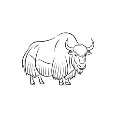 Obraz premium A wild yak silhouette drawn with bold black outlines captures the powerful posture of this mountain bovine creature roaming through the high rocky plains during a cold snowy day in central Asia