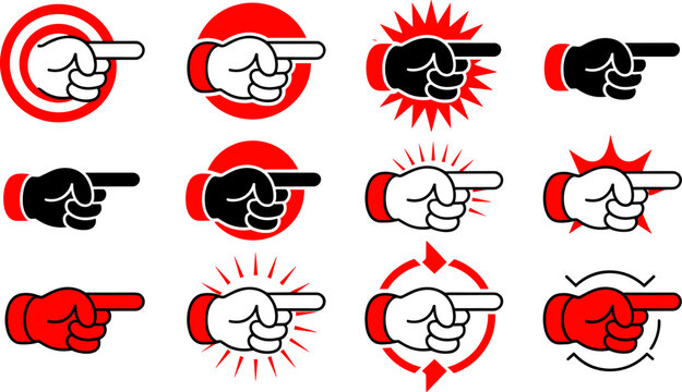 Collection of pointing hand icons in various styles and colors