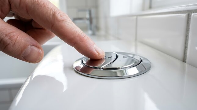 Close up of hand pressing chrome flush button on toilet tank