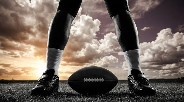 American Football Player Standing Over Ball on Field at Sunset.