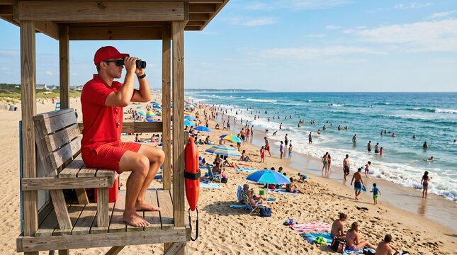 Lifeguard watching crowded beach from tower