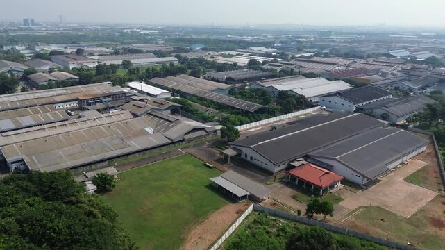 Cikarang, Indonesia - June 18, 2026: Aerial panorama of industrial factories and manufacturing facilities across the Cikarang industrial estate