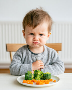 A toddler with a grumpy expression sits at a table with a plate of broccoli and carrots, showing dislike for the healthy vegetables.