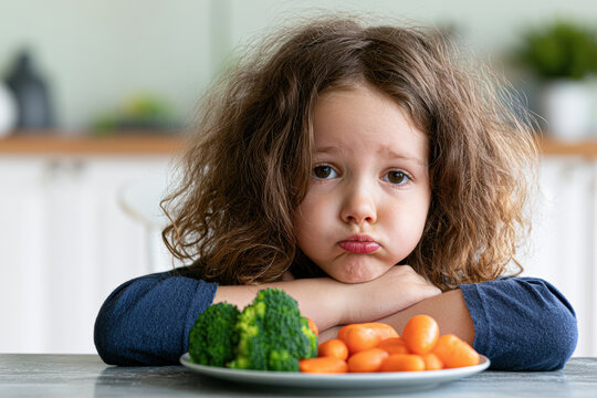 A young girl with curly hair looks unhappy while resting her chin on her arms, with a plate of broccoli and carrots in front of her.