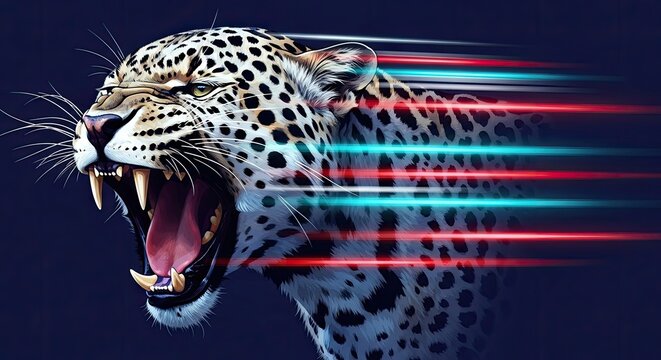 Fierce leopard profile with vibrant neon speed trails.