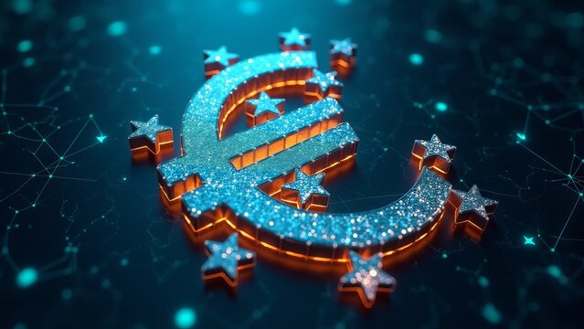Glowing 3D Euro Symbol with Digital Stars and Technology Background.