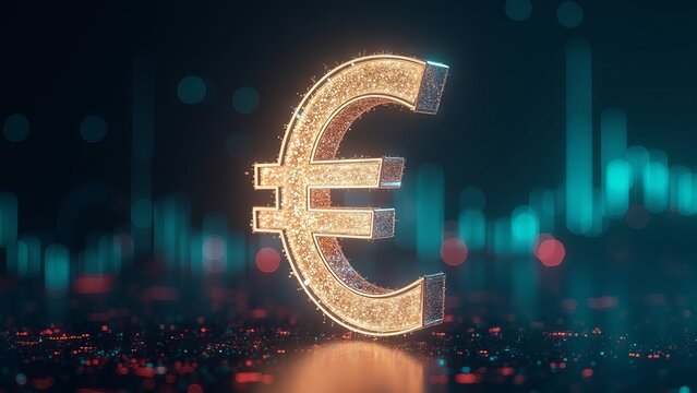 Golden Euro Currency Symbol on Financial Stock Market Graph Background.