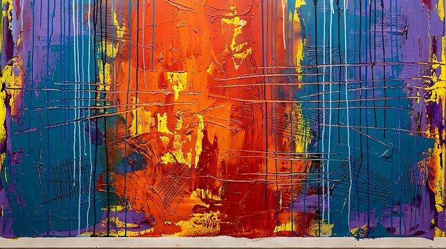 Abstract expressionist painting featuring vibrant layers of red orange and blue with dynamic drip effects and textured linear markings on canvas Generated AI