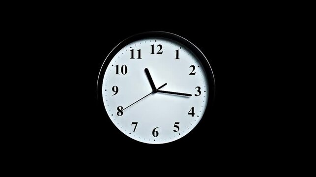 Minimalist wall clock ticking on black background a close-up view