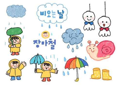 Children's rainy day doodles featuring umbrellas, rain clouds, snails and teru teru bozu decorations
