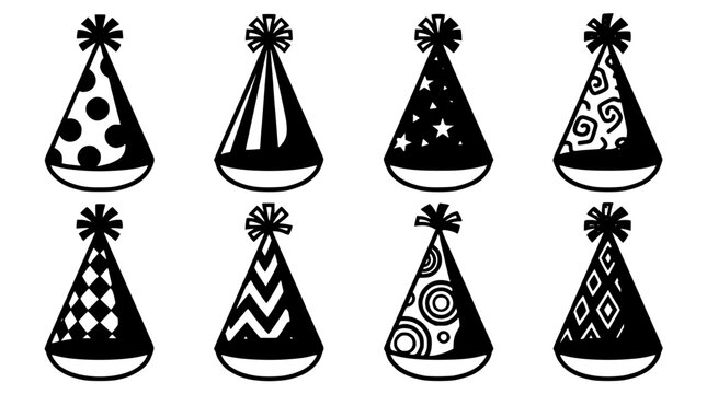 Party Cone Hats Vector Set in Black and White with Festive Patterns and Pom Pom Tops for Celebration Design