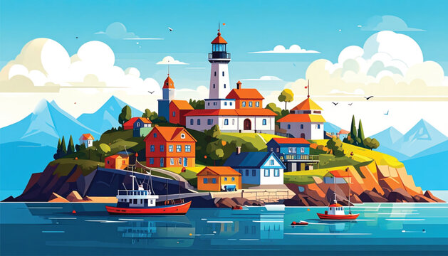 Colorful illustration of a lighthouse island.