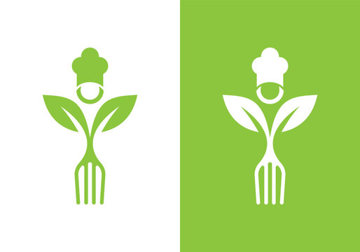 Healthy food chef logo design with green leaves and fork.
