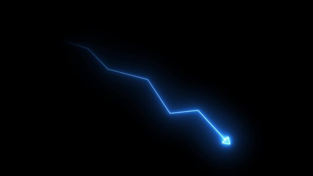 Blue  downward arrow graph animation on dark background, symbolizing decline, loss, and negative market trends.