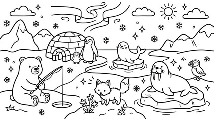 Cute Arctic animals in a winter wonderland coloring page with an igloo, polar bear, penguins, fox, seal, and walrus. © Pink