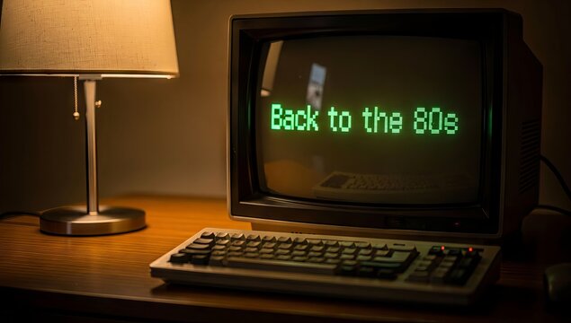 Retro 80s computer display with green text on a desk.
