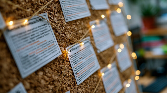 Close-up of a nutrition misinformation flowchart pinned to a corkboard in a registered dietitian office, each myth connected by string to a printed peer-reviewed rebuttal, the methodical visual layo