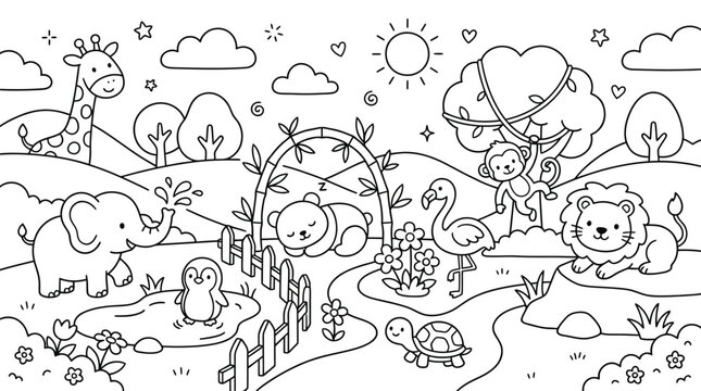 Cute cartoon animals in a playful landscape, perfect for coloring pages and children's illustrations.