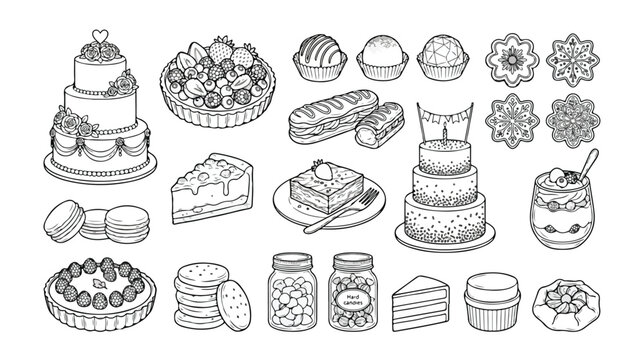 Set of 25 Hand-Drawn Dessert and Pastry Vector Illustrations