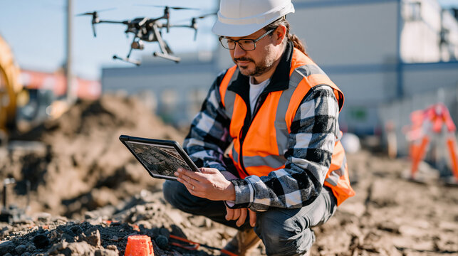 Drone survey operator crouching beside RTK ground control point marker on active construction site perimeter while aerial unit climbs overhead, tablet displaying orthophoto mosaic, candid wide estab