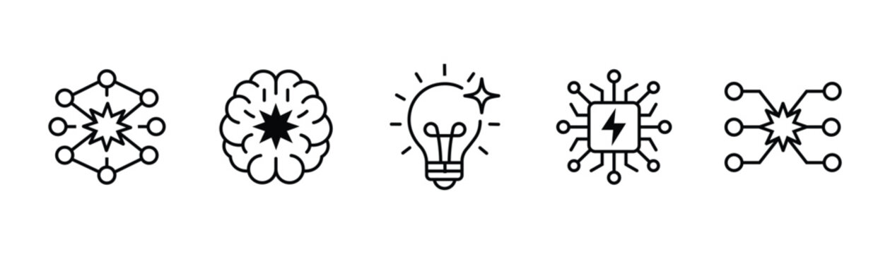 Artificial intelligence and human brain innovation icon set for technology projects containing brain circuits light bulbs and digital hardware connectivity concepts.