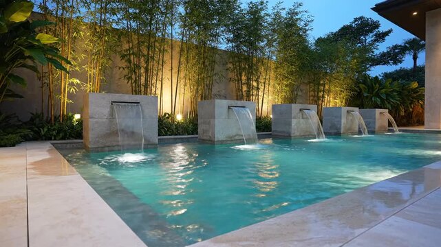 Modern luxury swimming pool with stone waterfalls and bamboo landscaping