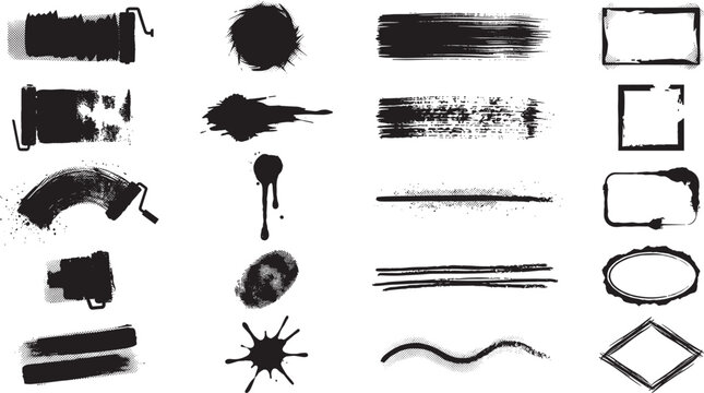 Grunge Black Paint Strokes and Textures Collection with Ink Splatters, Paint Roller Marks, Fingerprint, Distressed Line Borders, and Rough Geometric Frame Elements
