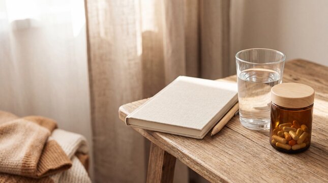 A tranquil still life captures a moment of quiet contemplation, featuring a closed notebook, a pencil, a glass of clear water, and a bottle of supplements on a rustic wooden table, bathed in soft.