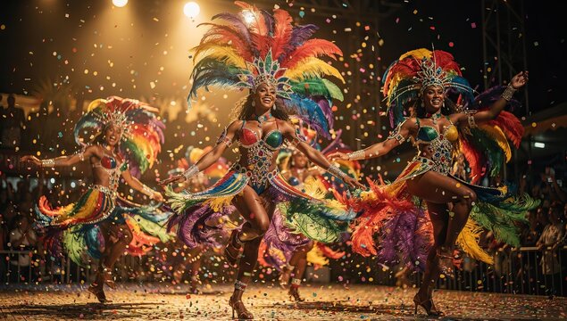 Vibrant Carnival Dancers Performing on Stage with Colorful Costumes and Confetti.