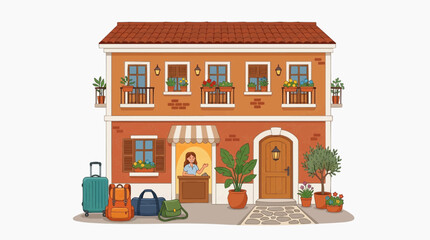 Obraz premium Charming illustration of a small hotel or guesthouse with luggage and a friendly receptionist in white background.