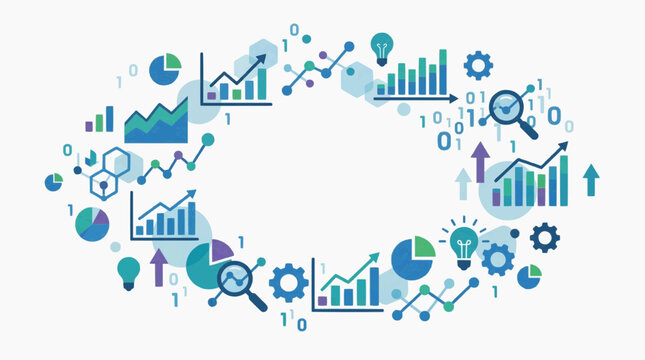 Data analysis and business growth concept with charts graphs and binary code elements in white background.