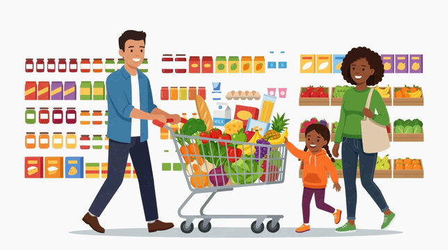 A happy family shops for groceries together, pushing a full shopping cart in a supermarket aisle filled with products in white background.