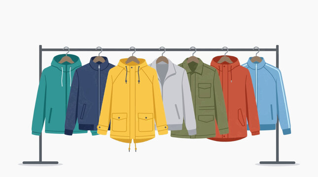 Collection of assorted jackets and hoodies displayed on a clothing rack in various colors and styles in white background.