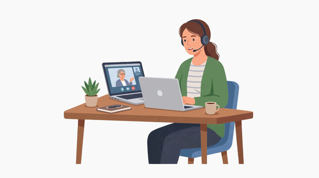 Woman wearing headset having a video conference call on her laptop while working from home in white background.