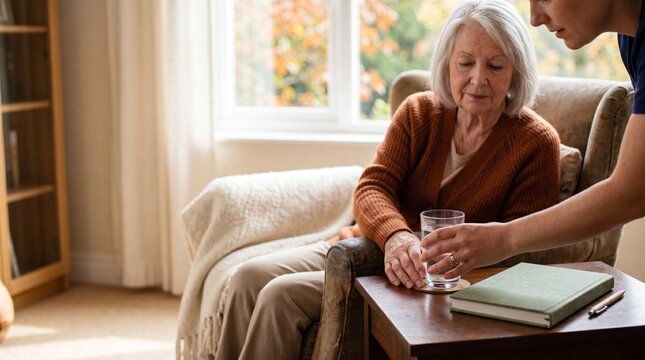 A compassionate caregiver gently offers a glass of water to an elderly woman seated comfortably in a cozy armchair. The scene evokes warmth, care, and the quiet dignity of aging.