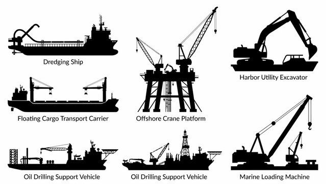 Collection of various industrial marine vessels and machinery silhouettes for offshore operations