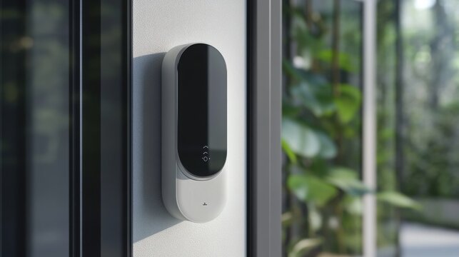 Video intercom system is mounted on a bright wall next to a modern doorway to provide clear communication and security for the home.