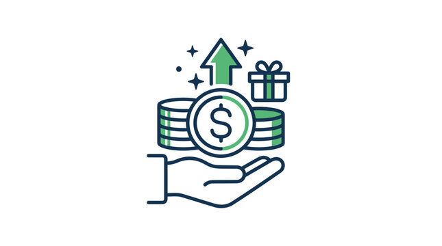Hand holds coins, gift, and upward arrow icon - financial growth concept