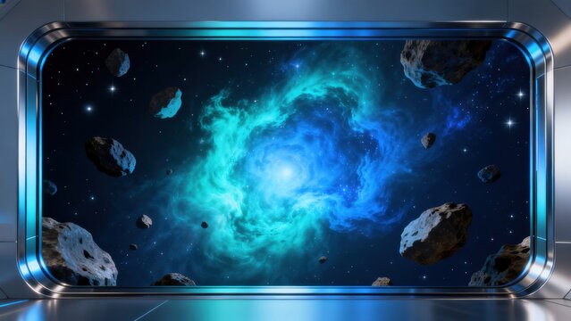 Space view through window with asteroids