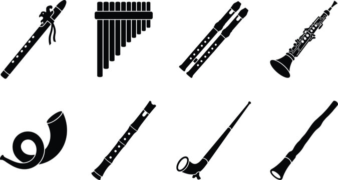 Collection of Wind Instrument Silhouettes Including Flute, Clarinet, Pan Flute, and Horn on White BackgroundCollection of Wind Instrument Silhouettes Including Flute, Clarinet, Pan Flute,