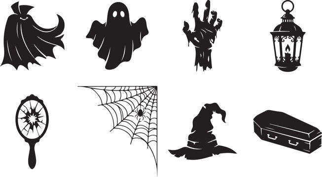 Halloween icons, spooky symbols, black silhouettes, 8 creepy graphics, vector illustrations