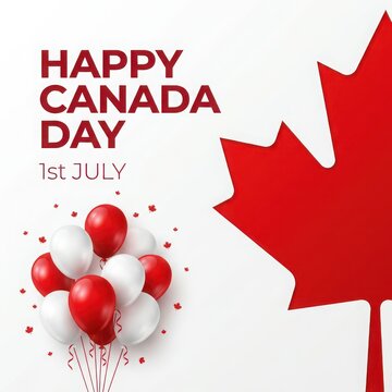 Happy canada day celebration with red maple leaf and balloons
