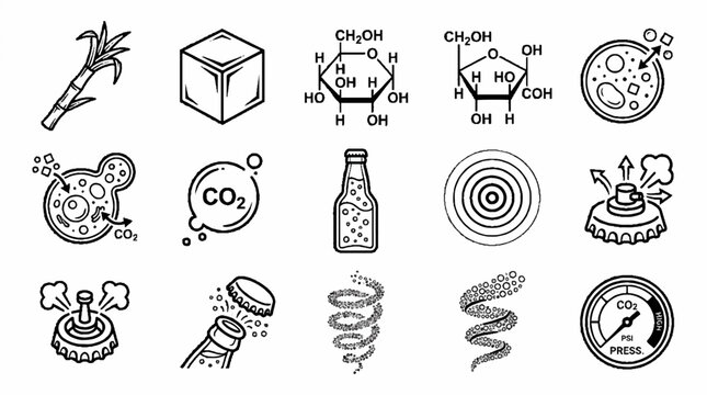 Fermentation and Carbonation Process Icons Set Featuring Sugar Molecules Yeast and CO2 Production.