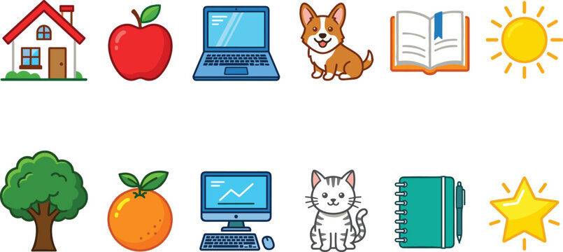 Cute Outline Vector Icon Set with House, Fruits, Laptop, Computer, Corgi Dog, Cat, Notebook, Sun, Tree, and Star for Preschool Education and UI Design