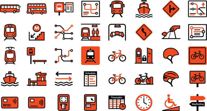 Public Transportation and City Transit Icon Set Featuring Bus, Train, Subway Map, Bicycle, Wayfinding Signs, and Ticket Terminal Vectors for Mobile App Map Interface Design