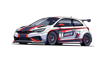 Naklejka premium Pixel Art Racing Car - White Sporty Hatchback with Spoiler and Stripes