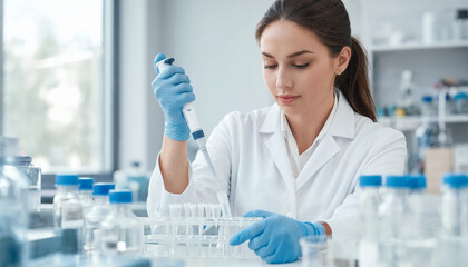 Fototapeta premium Female scientist working in a laboratory with various equipment and test tubes